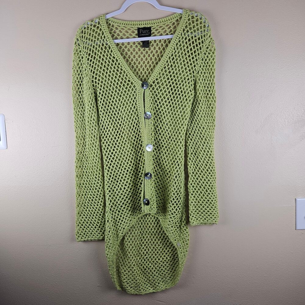 Open Knit Cotton Green Mesh Button Up Coastal Cardigan Pure Knit Size M/L